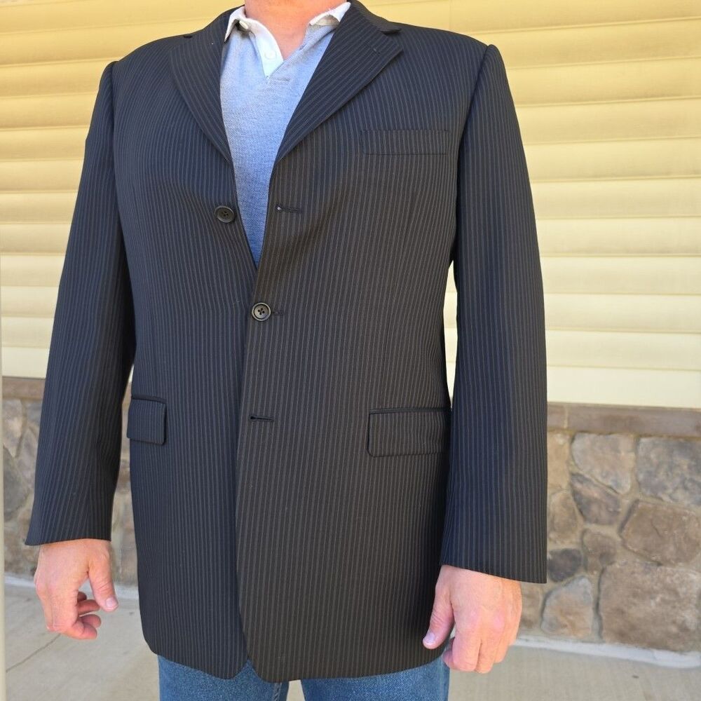 Vintage Burberry Blazer Wool Pinstripe Sport Coat Gray Union Made Mens 44L